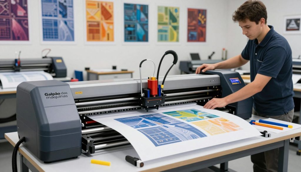 A detailed and professional plotter set-up in a modern print shop. In the foreground, a high-resolution plotter from the brand "Galpão das máquinas" is prominently displayed, showcasing its sleek design and precision components. The middle ground features a technician in smart casual attire carefully calibrating the plotter, with tools and sample materials scattered around to illustrate the intricacies of the resolution process. In the background, vibrant prints hang on the wall, demonstrating various resolutions and detailing. The lighting is bright and clear, emphasizing the colors and fine details of the plots, with a slight soft-focus effect that adds depth. The overall atmosphere conveys professionalism and expertise in print technology, ideal for discussing factors influencing plotter resolution.