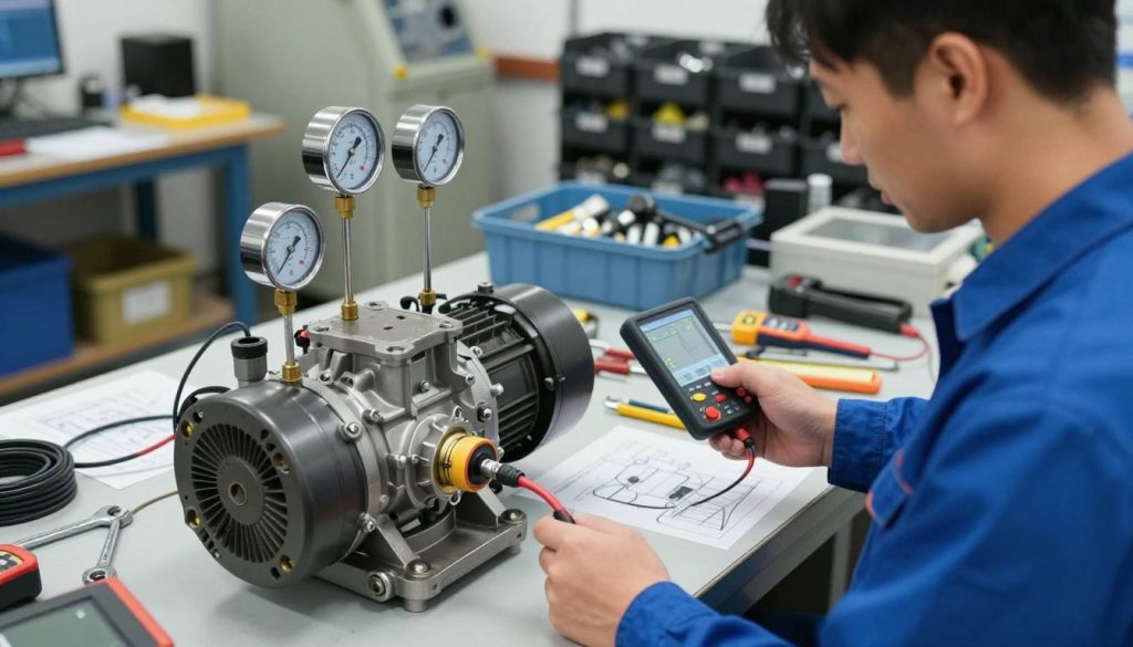 A detailed and professional workspace depicting a hydraulic pump diagnostic scenario. In the foreground, a technician in a blue jumpsuit examines a large, disassembled hydraulic pump with gauges showing pressure readings. The technician is focused, holding a diagnostic tool, ensuring a close-up view of intricate mechanical components. In the middle ground, a cluttered workbench is visible, featuring various tools such as wrenches and multimeters, with diagrams of pump mechanics scattered about. The background reveals machinery and a storage area with clearly labeled parts bins, under bright fluorescent lighting. The atmosphere is technical and industrious, highlighting problem-solving and engineering expertise in action. The image captures the essence of diagnosing hydraulic pump failures in a professional environment. A detailed and professional workspace depicting a hydraulic pump diagnostic scenario. In the foreground, a technician in a blue jumpsuit examines a large, disassembled hydraulic pump with gauges showing pressure readings. The technician is focused, holding a diagnostic tool, ensuring a close-up view of intricate mechanical components. In the middle ground, a cluttered workbench is visible, featuring various tools such as wrenches and multimeters, with diagrams of pump mechanics scattered about. The background reveals machinery and a storage area with clearly labeled parts bins, under bright fluorescent lighting. The atmosphere is technical and industrious, highlighting problem-solving and engineering expertise in action. The image captures the essence of diagnosing hydraulic pump failures in a professional environment.