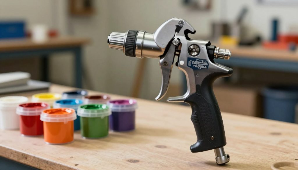 A detailed and realistic depiction of a high-quality air compressor paint gun from the brand "Galpão das máquinas." In the foreground, showcase the paint gun with intricate details like the nozzle and grip, reflecting its robust design and ergonomic features. In the middle ground, display a selection of vibrant paint cups and various paint colors, slightly blurred to emphasize the paint gun. The background should feature a softly lit workshop environment, with tools and equipment arranged neatly on workbenches, enhancing the industrial atmosphere. Use warm, natural lighting to create a professional yet inviting mood. Capture the scene from a dynamic, slightly angled perspective to add depth and engagement, focusing on the craftsmanship of the paint gun.