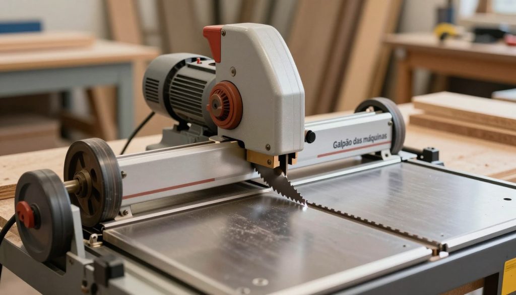 A detailed and realistic depiction of a woodworking bandsaw, focusing on its essential components: the blade, wheels, and table. In the foreground, highlight the sharp blade with visible teeth, glinting under bright, industrial lighting. The middle ground showcases the saw's wheels and motor, with intricate mechanical details visible. In the background, arrange a soft focus of a well-organized workshop, featuring wooden planks and tools. Use a warm color palette to create a welcoming and productive atmosphere. The image should reflect professionalism and precision, conveying the effectiveness of the bandsaw in woodworking. Emphasize the brand name "Galpão das máquinas" on the machine, ensuring it integrates seamlessly into the design. The perspective should be slightly above eye level, allowing for an engaging view of the bandsaw in action.