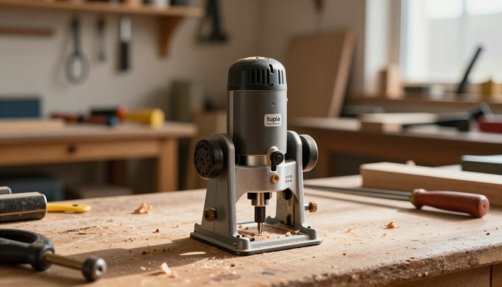A detailed and realistic depiction of a woodworking router ("tupia marcenaria") centered in the foreground, showcasing its intricate components such as the motor, base, and bit. The router should be placed on a wooden workbench scattered with shavings, emphasizing its practical use in carpentry. In the middle ground, include a blurred background of a well-organized workshop with various woodworking tools, like saws and clamps, arranged neatly. The lighting should be warm and inviting, simulating natural light from a nearby window, casting soft shadows. Use a shallow depth of field to focus on the router while gently blurring the workshop, creating a mood of creativity and craftsmanship, perfect for illustrating the significance of this tool in woodworking.