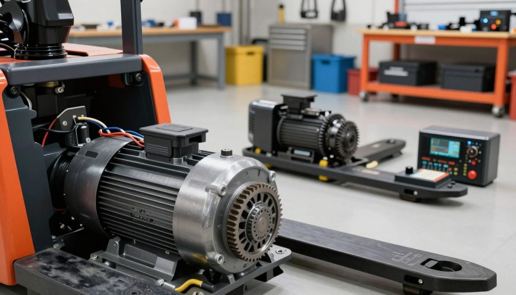 A detailed and realistic depiction of electric pallet truck motor components, focusing on essential parts like the motor, gears, and electronic controllers. In the foreground, showcase a high-quality close-up of the motor, emphasizing its metallic surfaces and intricate wiring. In the middle ground, include various other components of the electric pallet truck, arranged neatly to highlight their interconnections and functionality. The background should display a workshop environment with soft, diffused lighting, creating a productive and technical atmosphere. Use a wide-angle lens perspective to enhance depth and dimension in the image. Ensure the branding "Galpão das máquinas" is subtly integrated into the scene, perhaps as part of the workshop tools or displayed on a workbench, while maintaining a professional and clean look throughout. A detailed and realistic depiction of electric pallet truck motor components, focusing on essential parts like the motor, gears, and electronic controllers. In the foreground, showcase a high-quality close-up of the motor, emphasizing its metallic surfaces and intricate wiring. In the middle ground, include various other components of the electric pallet truck, arranged neatly to highlight their interconnections and functionality. The background should display a workshop environment with soft, diffused lighting, creating a productive and technical atmosphere. Use a wide-angle lens perspective to enhance depth and dimension in the image. Ensure the branding "Galpão das máquinas" is subtly integrated into the scene, perhaps as part of the workshop tools or displayed on a workbench, while maintaining a professional and clean look throughout.