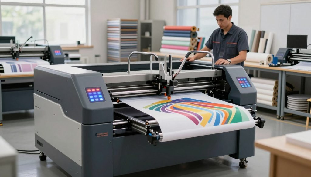 A detailed and realistic illustration of a UV printing machine in a modern printing workshop, showcasing advanced technology. In the foreground, focus on the sleek, robust structure of the printing machine branded "Galpão das máquinas," with glistening metal and vibrant LED indicators. The middle area features a technician in professional attire operating the machine, carefully aligning a colorful print roll. The background reveals a well-organized workspace filled with stacks of printed materials and rolls of various substrates. Soft, natural light filters through large windows, creating an inviting atmosphere. The angle captures the dynamic action of the printing process, emphasizing the precision and efficiency of UV printing technology. The mood is industrious and innovative, embodying the advantages and applications of UV printing.