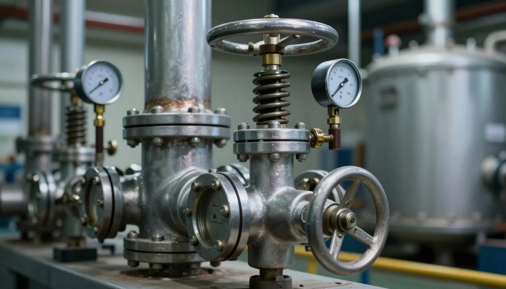 A detailed and realistic illustration of a boiler safety valve, positioned prominently in the foreground. The valve should be metallic, showcasing intricate components such as a pressure release mechanism, springs, and gauges, all reflecting high-quality engineering. The middle layer should depict a section of an industrial boiler, with pipes and fittings clearly visible, creating context around the valve. The background should feature a dimly lit boiler room, with soft ambient lighting highlighting the chrome surfaces of the equipment, evoking a sense of professionalism and safety. The camera angle should be slightly tilted from above, capturing the valve in a dynamic perspective, emphasizing its importance. The overall mood is serious and technical, fitting for an industrial theme. A detailed and realistic illustration of a boiler safety valve, positioned prominently in the foreground. The valve should be metallic, showcasing intricate components such as a pressure release mechanism, springs, and gauges, all reflecting high-quality engineering. The middle layer should depict a section of an industrial boiler, with pipes and fittings clearly visible, creating context around the valve. The background should feature a dimly lit boiler room, with soft ambient lighting highlighting the chrome surfaces of the equipment, evoking a sense of professionalism and safety. The camera angle should be slightly tilted from above, capturing the valve in a dynamic perspective, emphasizing its importance. The overall mood is serious and technical, fitting for an industrial theme.