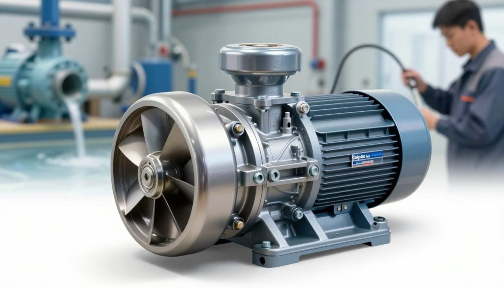 A detailed and realistic illustration of a centrifugal pump designed for water, showcasing the intricate components such as the impeller and motor. In the foreground, focus on the pump's sleek, metallic surface, reflecting light, with visible bolts and connections. In the middle ground, include subtle elements that demonstrate its application, like water flowing through pipes and a technician wearing professional attire examining the pump. The background features a blurred industrial setting, emphasizing the operational environment, with soft lighting highlighting the pump's design. Capture a sense of efficiency and reliability, representing the brand "Galpão das máquinas" subtly within the context. Use a slight angle to add depth, and ensure a clean, professional aesthetic without any text or markings.