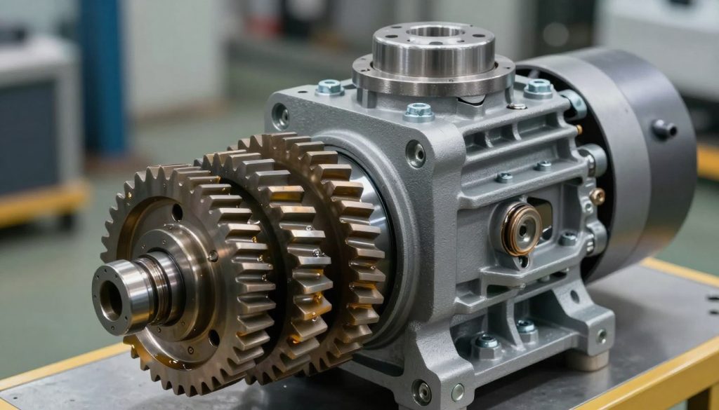 A detailed and realistic illustration of a hydraulic gear pump, showcasing its internal components and functioning mechanics. The foreground features a close-up view of the gears in action, highlighting their precise interlocking design. In the middle, display the outer casing with clear visible bolts and seals, emphasizing durability and engineering excellence. The background consists of a subtle industrial setting, with blurred outlines of machinery, conveying a technical atmosphere. Use soft, diffused lighting to enhance the textures of the metal surfaces and highlight the sheen of hydraulic oil. Capture the scene at a low angle to give a sense of scale and importance to the pump. The mood should feel informative and professional, suitable for a technical analysis of hydraulic pumps. A detailed and realistic illustration of a hydraulic gear pump, showcasing its internal components and functioning mechanics. The foreground features a close-up view of the gears in action, highlighting their precise interlocking design. In the middle, display the outer casing with clear visible bolts and seals, emphasizing durability and engineering excellence. The background consists of a subtle industrial setting, with blurred outlines of machinery, conveying a technical atmosphere. Use soft, diffused lighting to enhance the textures of the metal surfaces and highlight the sheen of hydraulic oil. Capture the scene at a low angle to give a sense of scale and importance to the pump. The mood should feel informative and professional, suitable for a technical analysis of hydraulic pumps.