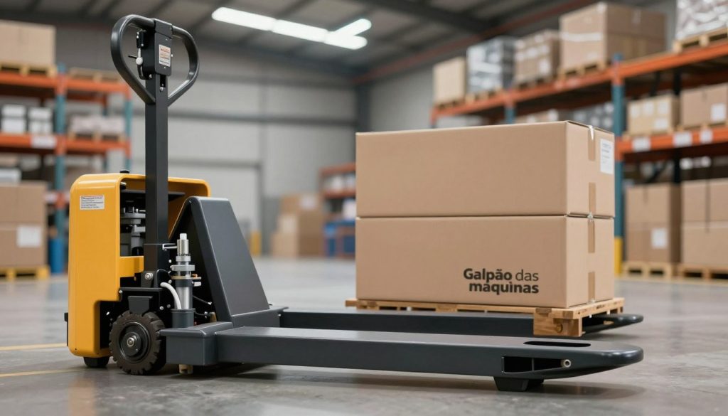 A detailed and realistic illustration of a hydraulic pallet jack in operation, set in an industrial warehouse environment. In the foreground, focus on the hydraulic lifting mechanism and the control handle, showcasing its metallic components and hydraulic fluid lines. The middle ground features the pallet jack balancing a stacked load of boxes, emphasizing the stability and functionality of the equipment. In the background, include a softly blurred warehouse setting with shelves filled with various goods, illuminated by overhead fluorescent lighting that casts a professional atmosphere. The image should convey a sense of efficiency and reliability, labeled with the brand name "Galpão das máquinas". Use a wide-angle lens perspective to capture the intricacies of the machinery while maintaining a clear focus on the hydraulic system. A detailed and realistic illustration of a hydraulic pallet jack in operation, set in an industrial warehouse environment. In the foreground, focus on the hydraulic lifting mechanism and the control handle, showcasing its metallic components and hydraulic fluid lines. The middle ground features the pallet jack balancing a stacked load of boxes, emphasizing the stability and functionality of the equipment. In the background, include a softly blurred warehouse setting with shelves filled with various goods, illuminated by overhead fluorescent lighting that casts a professional atmosphere. The image should convey a sense of efficiency and reliability, labeled with the brand name "Galpão das máquinas". Use a wide-angle lens perspective to capture the intricacies of the machinery while maintaining a clear focus on the hydraulic system.