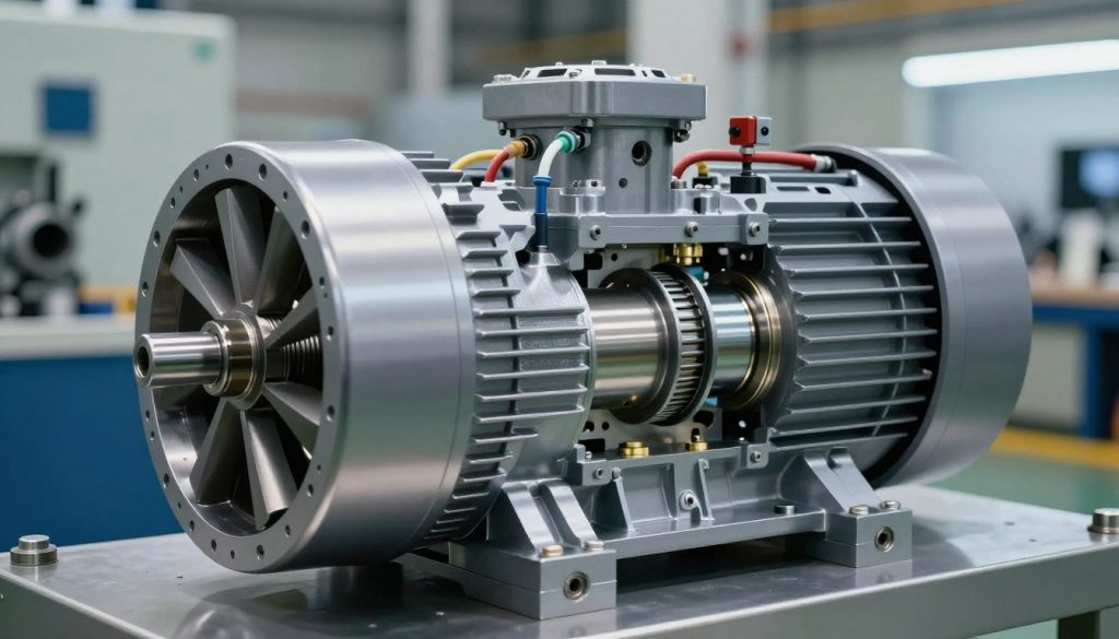 A detailed and realistic illustration of a hydraulic vane pump, showcasing its inner mechanics and outer structure. In the foreground, the pump features precisely arranged vanes, revealing their function and motion within a transparent casing. The middle ground displays fluid connections and electrical components that highlight its operational complexity. The background features an industrial setting, with soft-focus machinery and ambient lighting to convey a professional atmosphere. The scene is well-lit, emphasizing metal textures and reflective surfaces, creating a sense of precision engineering. The angle captures the pump from a low perspective to enhance its prominence, while the overall mood is technical and informative, suitable for industrial applications.