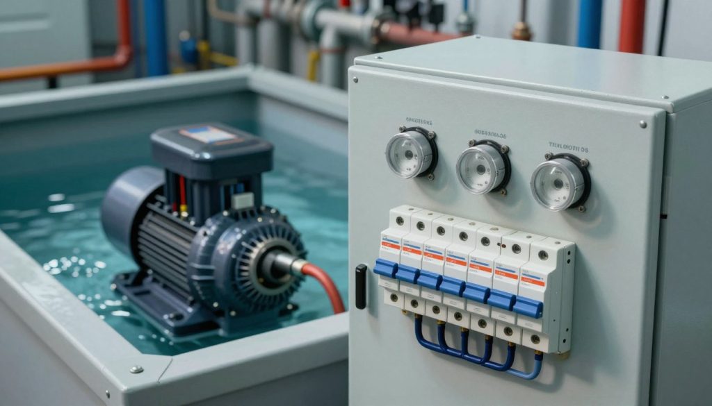 A detailed and realistic illustration of an electrical protection system specifically designed for submersible pumps. In the foreground, showcase a control panel featuring prominently displayed circuit breakers and sensors, highlighting their labels and connections. The middle ground should include a submerged pump partially visible in a water-filled tank, indicating how the system protects it from electrical faults. In the background, depict a well-lit industrial setting with pipes and wiring, and focus the lighting on the control panel to create a technical atmosphere. Use a slightly elevated camera angle to capture the layout and functionality of the components, conveying a sense of professionalism and safety throughout the scene. The overall mood should be one of efficiency and reliability. A detailed and realistic illustration of an electrical protection system specifically designed for submersible pumps. In the foreground, showcase a control panel featuring prominently displayed circuit breakers and sensors, highlighting their labels and connections. The middle ground should include a submerged pump partially visible in a water-filled tank, indicating how the system protects it from electrical faults. In the background, depict a well-lit industrial setting with pipes and wiring, and focus the lighting on the control panel to create a technical atmosphere. Use a slightly elevated camera angle to capture the layout and functionality of the components, conveying a sense of professionalism and safety throughout the scene. The overall mood should be one of efficiency and reliability.