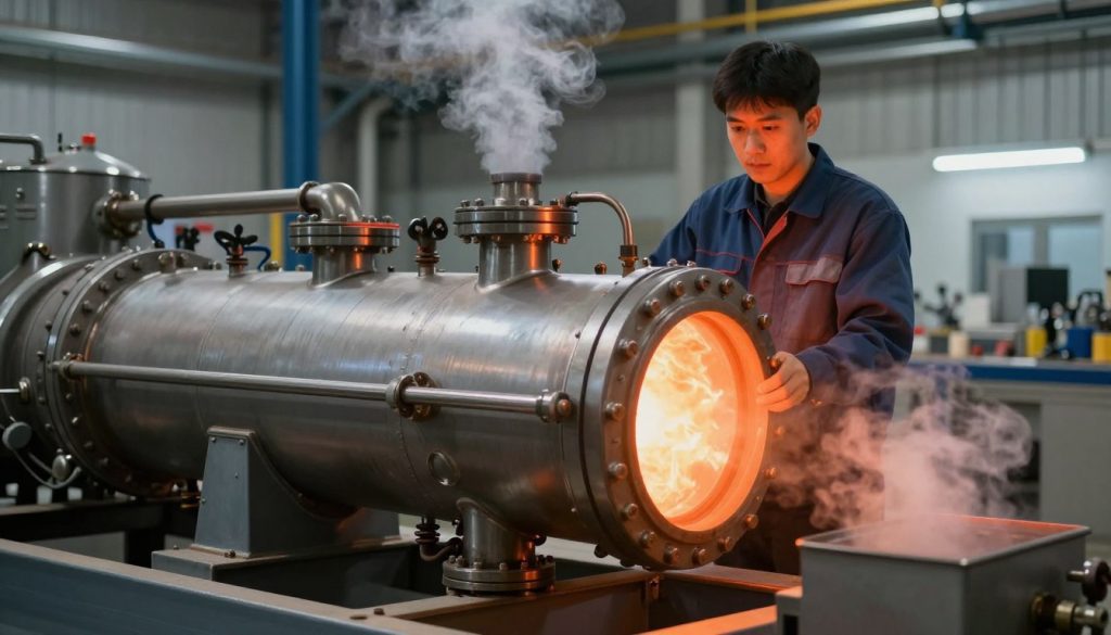A detailed and realistic illustration of combustion technology focusing on a flamotubular boiler. In the foreground, a flamotubular boiler is depicted, showcasing its cylindrical shape and multiple tubes, emitting faint wisps of steam. The middle ground features a skilled technician in professional attire, inspecting the boiler's mechanisms with a focused expression. In the background, a modern industrial setting with subtle lighting highlights the innovation of combustion technology, with soft shadows cast by overhead lights. The color palette consists of metallic grays and warm oranges to convey the heat of combustion. The angle is slightly elevated, providing a clear view of the boiler and its components, evoking a sense of technological advancement and precision in energy generation. The atmosphere is professional and industrious, emphasizing the complexity and efficiency of flamotubular boilers.
