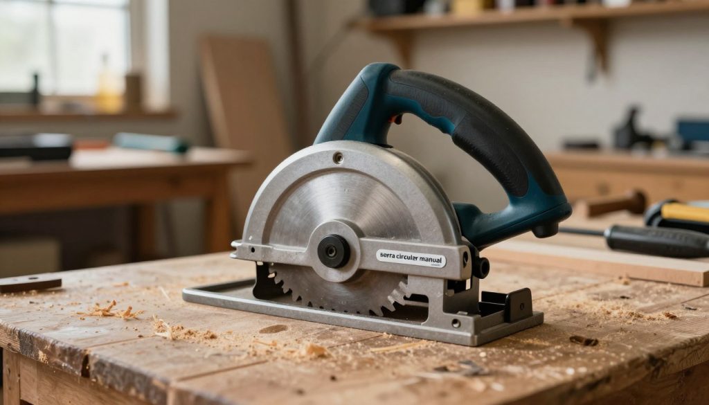A detailed and realistic image of a "serra circular manual" from the brand "Galpão das máquinas," centered in the foreground, showcasing its key components like the blade, guard, and handle in clear view. The tool should be placed on a wooden workbench littered with sawdust to emphasize its woodworking context. The middle background features a blurred workshop environment with shelves of tools and materials, giving the scene an authentic feel of a busy carpenter's space. Soft, diffused natural lighting filters through a nearby window, creating a warm and inviting atmosphere that highlights the metallic finish of the saw. The angle of the shot captures the tool slightly from above, allowing for a comprehensive view of its design and functionality.