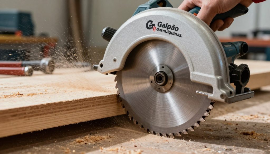 A detailed and realistic image of a wood cutting disc designed for circular saws, prominently featuring the brand name "Galpão das máquinas." In the foreground, showcase the disc with sharp teeth and a metallic finish, glinting under bright workshop lights. The middle ground should display a wide wooden plank being cut, with visible sawdust particles in the air, capturing the dynamics of the cutting action. In the background, include an industrial workshop setting with tools and machinery softly blurred to focus on the disc. The lighting should be bright and even, highlighting the disc’s details and enhancing the overall precision of the scene. The atmosphere is energetic and professional, ideal for showcasing specific functions and applications of cutting discs.