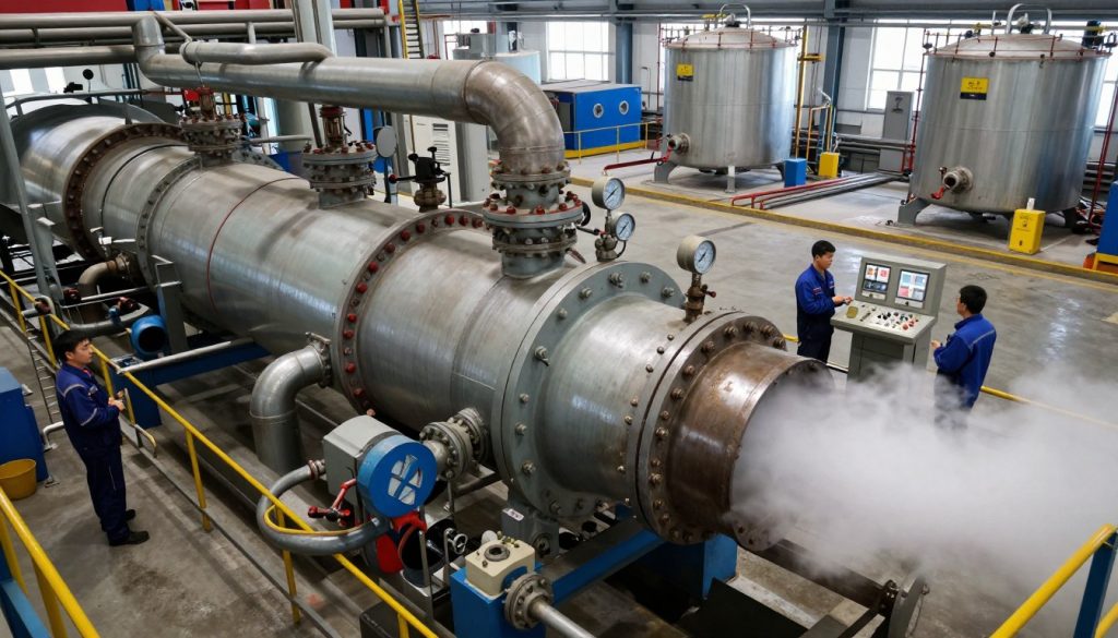 A detailed and realistic industrial boiler in operation, showcasing the intricate components such as pipes, valves, and gauges. In the foreground, depict steam rising from the boiler's outlet, highlighting the energy generation process. The middle ground should include operators in professional attire, monitoring controls and inspecting the machinery, conveying a sense of teamwork and professionalism. In the background, large industrial settings with other machinery and storage tanks can be visible, creating an expansive atmosphere. The lighting should be bright and focused, simulating an industrial working environment. The angle should be slightly elevated, providing a clear view of the boiler's design and functionality while capturing the dynamic nature of industrial work. The mood should be industrious and efficient, reflecting the importance of boilers in industrial processes.