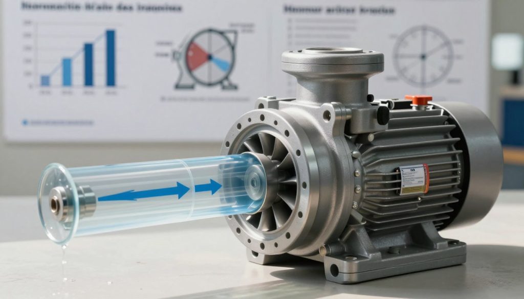 A detailed and technical illustration of a centrifugal pump showcasing the flow rate (vazão) mechanics. In the foreground, a realistic depiction of the centrifugal pump with visible components like the impeller and casing. The middle ground features a transparent section demonstrating fluid dynamics, with arrows indicating the direction of flow. The background includes diagrams and graphs representing influential factors like pressure, viscosity, and pump speed, displayed in a subtle, soft-focus manner. Natural lighting highlights the pump’s metallic surfaces, casting gentle shadows. The perspective should evoke a sense of depth. The mood is informative and professional, suitable for an educational article. Include the brand name "Galpão das máquinas" subtly integrated into the design, ensuring it does not detract from the main focus.