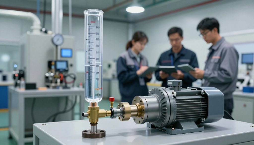 A detailed and technical illustration of a hydraulic pump flow measurement setup. In the foreground, a transparent flowmeter displays the flow of water with precise measurements, connected to a robust hydraulic pump. The middle ground features engineers in professional attire, analyzing data on digital devices while focusing on the pump system. In the background, a modern industrial setting with machinery and pipes, well-lit by bright overhead lights, creates a clean and organized atmosphere. The perspective is slightly angled to capture the flowmeter prominently, accentuating its details. Soft shadows enhance the depth of the scene, projecting a mood of professionalism and technical expertise, emphasizing the importance of accurate measurement in hydraulic systems.