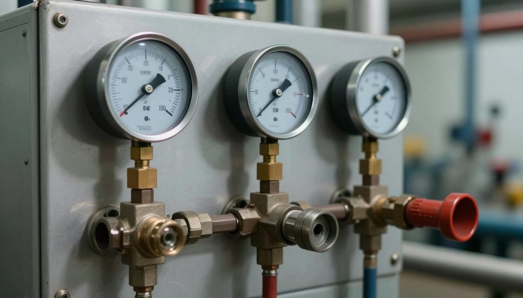 A detailed and technical illustration of boiler safety instruments, prominently featuring a steam pressure gauge, a temperature sensor, a safety valve, and a blowoff valve arranged on a metallic panel. In the foreground, the steam pressure gauge displays high pressure, while the temperature sensor shows elevated readings. The middle ground showcases various valves, designed with intricate details, gleaming under soft, diffused lighting. In the background, a blurred industrial environment hints at a boiler room setting, with pipes and equipment that create a sense of depth and context. The atmosphere is serious and technical, emphasizing safety and compliance in boiler operations. The image should be captured at a slight angle to emphasize the features of the instruments, ensuring clarity and focus on their roles in maintaining safety. A detailed and technical illustration of boiler safety instruments, prominently featuring a steam pressure gauge, a temperature sensor, a safety valve, and a blowoff valve arranged on a metallic panel. In the foreground, the steam pressure gauge displays high pressure, while the temperature sensor shows elevated readings. The middle ground showcases various valves, designed with intricate details, gleaming under soft, diffused lighting. In the background, a blurred industrial environment hints at a boiler room setting, with pipes and equipment that create a sense of depth and context. The atmosphere is serious and technical, emphasizing safety and compliance in boiler operations. The image should be captured at a slight angle to emphasize the features of the instruments, ensuring clarity and focus on their roles in maintaining safety.