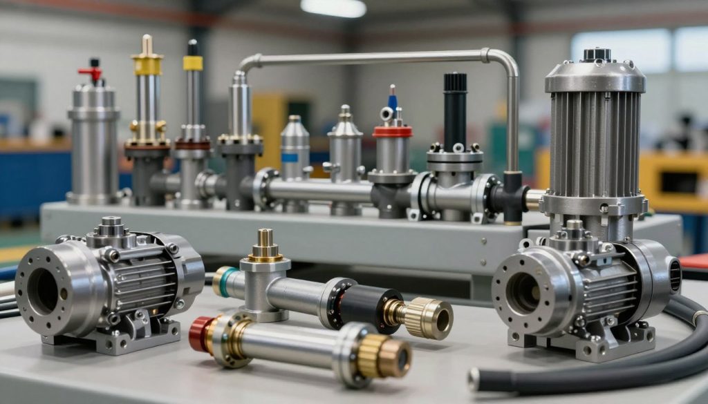 A detailed and technical illustration of hydraulic components, featuring prominently in the foreground a variety of essential parts such as hydraulic pumps, cylinders, hoses, and valves. The middle ground showcases a well-organized hydraulic system layout, with pipes connecting the components, all crafted with precision and realistic detailing. In the background, include a blurred industrial environment, hinting at a workshop or manufacturing setting, with soft lighting that highlights the metallic textures of the components. Use a close-up angle for an engaging perspective that emphasizes the intricacies of the hardware. The atmosphere should be professional and informative, conveying a sense of reliability and engineering expertise, ideal for a technical article on how hydraulic pumps work.