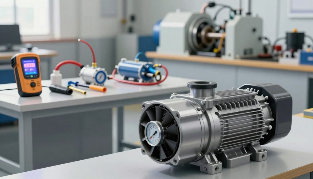 A detailed and technical illustration showcasing effective solutions to prevent overheating in hydraulic pumps. In the foreground, visualize a sleek, modern hydraulic pump with embedded cooling fans and temperature gauges. In the middle, display a well-organized workspace featuring tools such as thermal cameras, heat exchangers, and water cooling systems, emphasizing precision and innovation. In the background, depict industrial machinery operating smoothly, bathed in soft, natural lighting that gives a professional, clean atmosphere. Use a lens perspective that draws attention to the pump’s features and the dynamics between equipment. Create an overall mood of efficiency and problem-solving, reflecting an advanced understanding of hydraulic system management.
