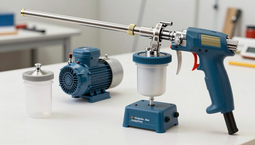 A detailed and technical illustration showcasing the main components of an electric paint sprayer, specifically designed for the brand "Galpão das máquinas." In the foreground, prominently display the nozzle, fluid cup, and trigger mechanism with intricate details to emphasize their design and functionality. In the middle ground, include components like the motor housing, air compressor, and control panel, all arranged neatly to highlight their interconnections. The background features a soft workshop environment with tools and a painted surface, subtly blurred to maintain focus on the sprayer's components. Utilize natural lighting to enhance the metallic and plastic textures, ensuring a clean, professional look. Aim for a clear, informative atmosphere that conveys expertise and detail without distractions such as text overlays or watermarks.