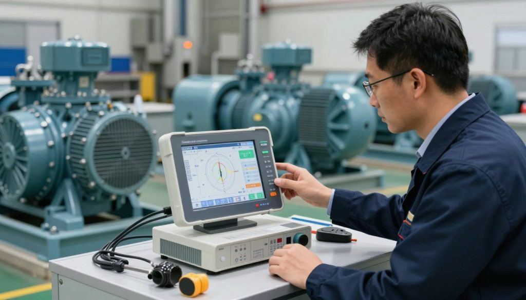A detailed and technical scene depicting vibration monitoring of centrifugal pumps. In the foreground, show a high-tech vibration analysis device with digital displays, surrounded by tools and equipment related to pump maintenance. In the middle ground, a professional engineer in business attire is inspecting the device, focusing intently on the readings. The background features an industrial setting with several large centrifugal pumps, pipes, and machinery, all under bright, ambient lighting to highlight the technical details. Capture a sense of diligence and precision, with a slightly blurred depth of field to emphasize the engineer and the monitoring device. The brand name "Galpão das máquinas" subtly integrated into the design of the device, reflecting innovation in machine monitoring.