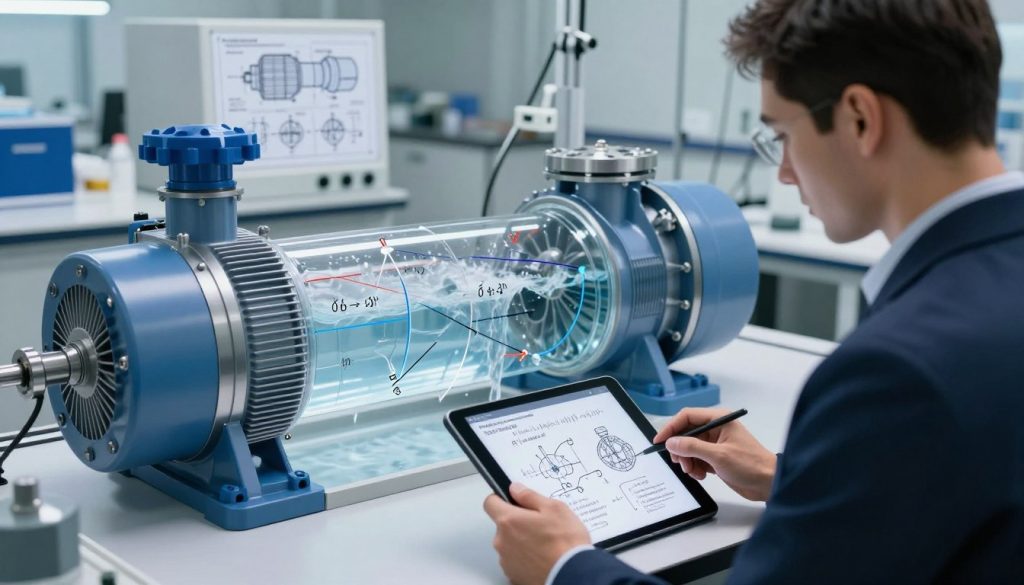 A detailed and technical scene illustrating hydraulic efficiency calculation in centrifugal pumps. In the foreground, a professional engineer in business attire is analyzing a complex formula on a digital tablet, with diagrams depicting pump mechanics. The middle ground features a large, transparent centrifugal pump with water flowing through it, showcasing lines of force and calculations overlaying the water flow. In the background, a sleek laboratory setting with high-tech equipment and blueprints of pumps can be seen, emphasizing a modern workplace atmosphere. Soft, diffused lighting enhances the technical precision of the scene. The brand name "Galpão das máquinas" subtly integrated into the lab environment, without overt branding. The overall mood is focused and analytical, reflecting a serious approach to hydraulic performance analysis.