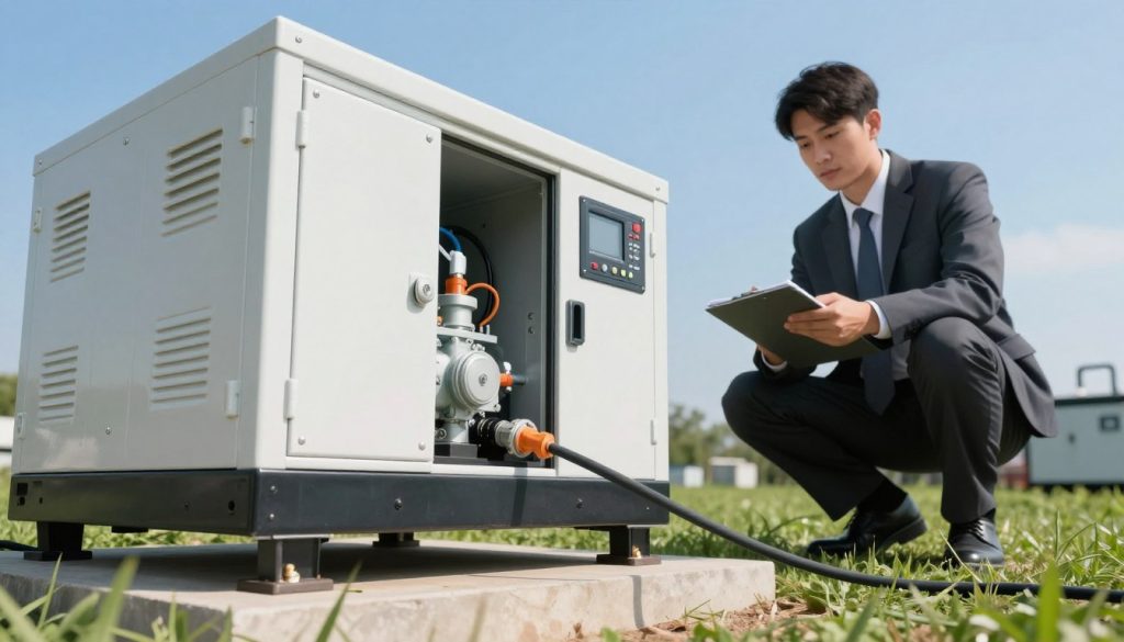A detailed and technical scene showcasing a energy generator and its grounding system, set in an outdoor environment. In the foreground, prominently display a modern energy generator with visible components such as vents and control panels, alongside a grounding rod connected to a grounding wire securely attached to the generator. In the middle ground, show an expert in professional business attire, examining the generator and making notes, conveying a sense of diligence and importance. The background features a clear blue sky and green grass, emphasizing a well-maintained area for generator use. The lighting should be bright and natural, depicting a sunny day, with the camera angle positioned slightly below eye level to create an authoritative perspective. A calm and serious atmosphere prevails, reflecting the significance of grounding in energy generation.