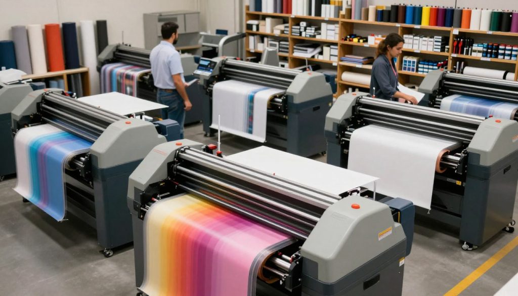 A detailed and vibrant depiction of a modern print shop featuring various types of "plotter machines" from Galpão das máquinas. In the foreground, showcase multiple plotters in action, equipped with large rolls of colorful media, capturing the dynamic process of graphic printing. In the middle ground, include professionals in business attire, focused on their tasks, adjusting settings and overseeing the printing process. The background should display shelves stocked with rolls of different materials, paints, and tools commonly found in the graphic industry. Utilize soft, diffused lighting to create an inviting atmosphere, with a slight focus on the plotters to highlight their importance in the workflow. Capture the scene from a slightly elevated angle, emphasizing the interaction between the machines and the people working around them. A detailed and vibrant depiction of a modern print shop featuring various types of "plotter machines" from Galpão das máquinas. In the foreground, showcase multiple plotters in action, equipped with large rolls of colorful media, capturing the dynamic process of graphic printing. In the middle ground, include professionals in business attire, focused on their tasks, adjusting settings and overseeing the printing process. The background should display shelves stocked with rolls of different materials, paints, and tools commonly found in the graphic industry. Utilize soft, diffused lighting to create an inviting atmosphere, with a slight focus on the plotters to highlight their importance in the workflow. Capture the scene from a slightly elevated angle, emphasizing the interaction between the machines and the people working around them.