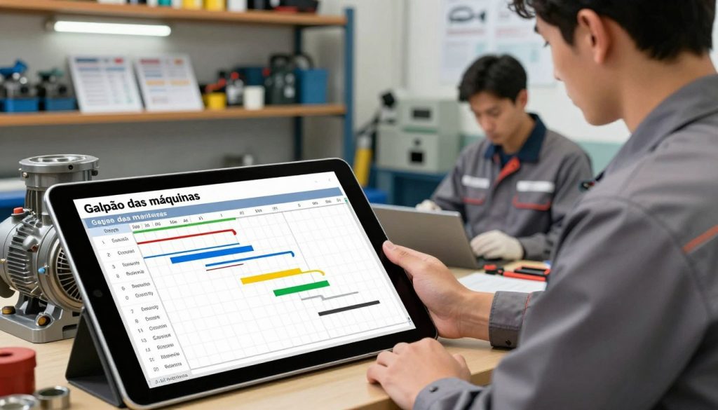 A detailed and vibrant illustration of a preventive maintenance schedule for centrifugal pumps, set in a professional workshop environment. In the foreground, a digital tablet displays a colorful Gantt chart with clear maintenance tasks and timelines, labeled ‘Galpão das máquinas’. The middle ground features a technician in a business casual outfit, intently reviewing maintenance procedures while surrounded by tools and parts of centrifugal pumps. The background showcases shelves with organized equipment and maintenance manuals under soft fluorescent lighting, creating a focused and efficient atmosphere. The angle captures both the technician and the tablet, emphasizing the importance of scheduling in maintenance practices. The mood is professional and informative, reflecting a sense of diligence and expertise in preventive maintenance.