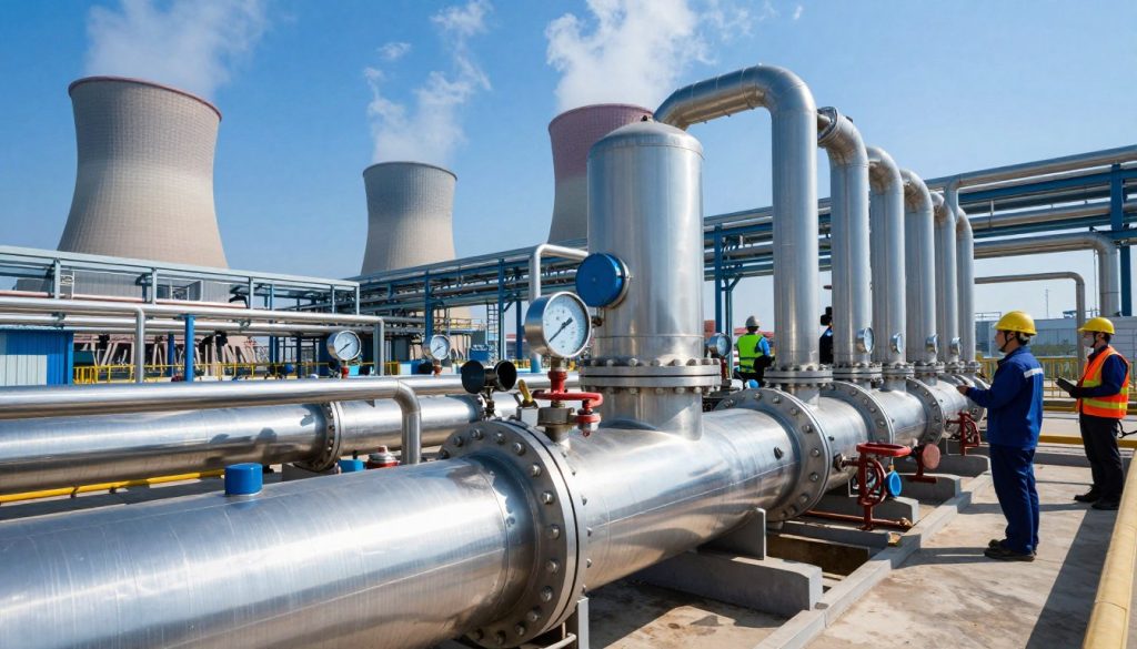 A detailed and vibrant scene depicting a modern aquatubular boiler in a power plant, showcasing advanced technology and efficiency. In the foreground, the boiler is represented with intricate pipes and gauges, gleaming metal surfaces reflecting bright, cool industrial lighting. The middle ground features skilled engineers in professional attire, attentively monitoring the boiler's performance. In the background, a bustling power plant environment with large turbines and steam rising, under a clear blue sky. The atmosphere conveys a sense of innovation and sustainability, emphasizing the importance of boiler efficiency in energy production. The image should have a dynamic angle, capturing the scale and complexity of the equipment without any text, ensuring a clean and focused representation.