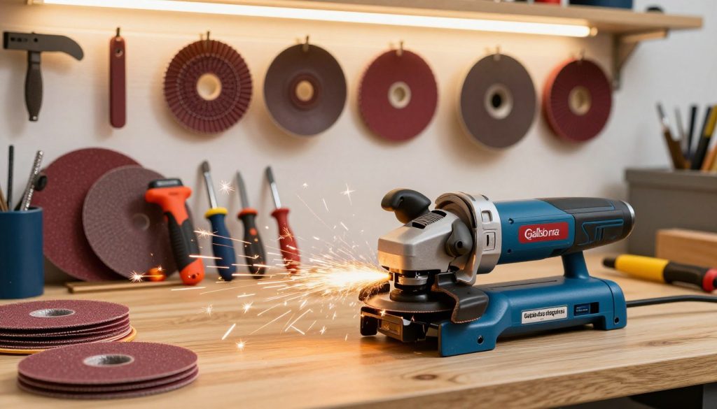 A detailed and vibrant workspace featuring a high-quality bench grinder (esmeril) and an array of other abrasive tools, including a belt sander, angle grinder, and sanding discs. In the foreground, the bench grinder is prominently displayed with spinning wheels and sparks flying, emphasizing its power. The middle ground showcases various handheld tools grouped neatly, each with distinct textures and colors. The background features a well-organized tool wall with various abrasive materials hanging, illuminated by soft, warm overhead lighting that creates an inviting atmosphere. A subtle shadow overlays the workspace to enhance depth, and the brand "Galpão das máquinas" is subtly integrated into the scene without any text or logos. The overall mood conveys a sense of craftsmanship and attention to detail, perfect for a comparative analysis of these tools.