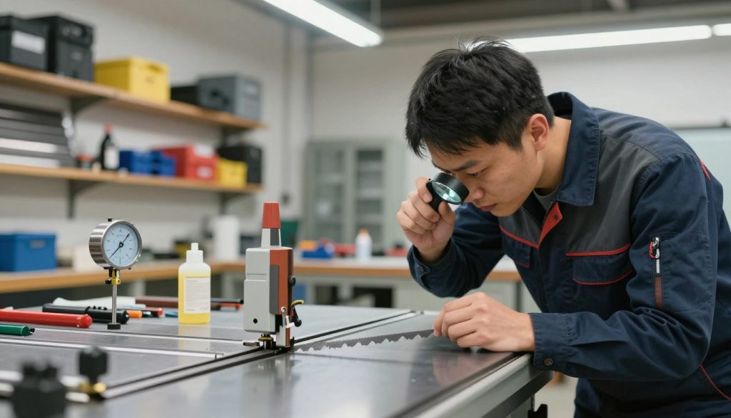 A detailed and well-organized workshop scene focused on operational techniques for band saws. In the foreground, a skilled technician wearing professional attire is examining a band saw blade with a magnifying glass, showcasing attention to detail. In the middle ground, a well-lit workbench is filled with tools like a tension gauge and lubricant, emphasizing maintenance tools crucial for prolonging a band saw's life. In the background, shelves lined with various blades and cutting materials create an organized environment, reflecting a professional workshop atmosphere. Soft, overhead fluorescent lighting casts a clear yet gentle glow, highlighting the technician’s focused expression. The image captures a mood of diligence and expertise, perfect for illustrating the importance of technique in maintaining band saw efficiency.