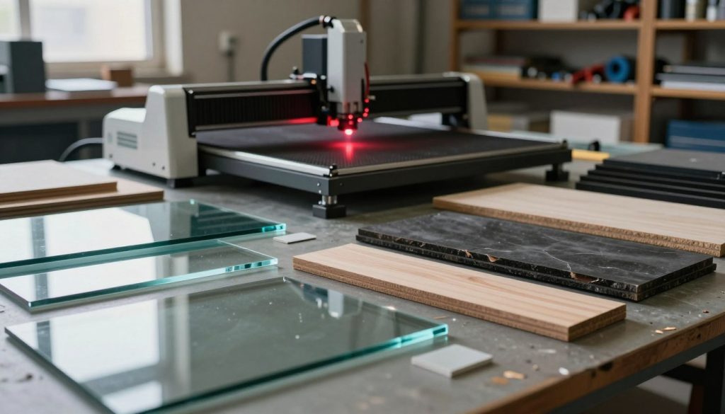 A detailed arrangement of problematic materials for laser cutting, displayed in a workshop environment. In the foreground, an assortment of materials like thick glass, certain plastics, and composite woods scattered across a workbench, with notable imperfections like cracks and warping. In the middle ground, a laser cutting machine is depicted, with glowing red laser beams just barely illuminating the materials, creating a tense and unwelcoming atmosphere. In the background, blurred shelves filled with tools and additional materials hint at the complexities of laser cutting. Natural lighting streams through a nearby window, casting soft shadows that enhance the mood of caution and deliberation. The overall composition emphasizes the challenges associated with laser cutting these specific materials, inviting contemplation.
