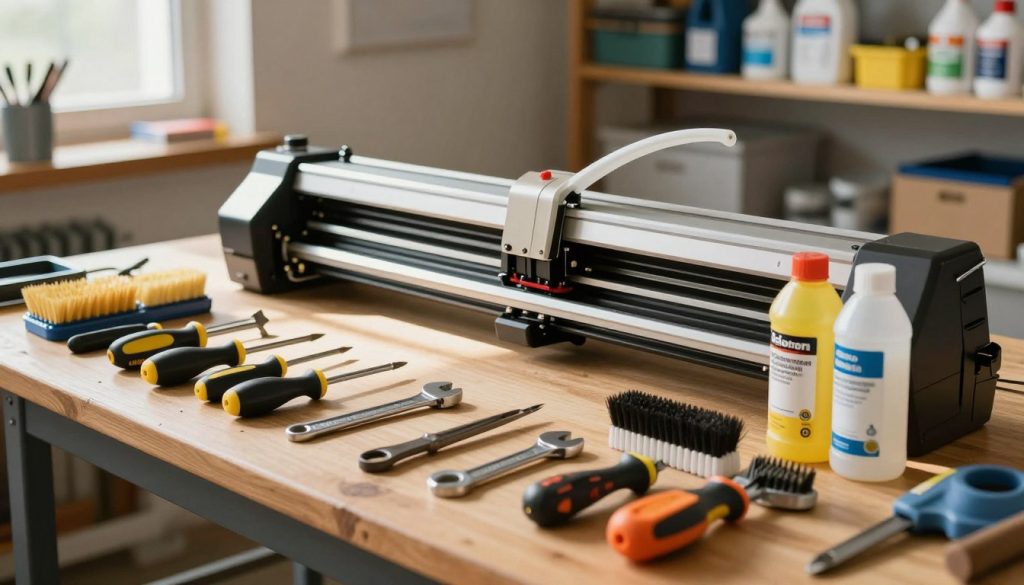 A detailed arrangement of tools for plotter maintenance on a wooden workbench in a well-lit workshop. In the foreground, prominently feature essential tools such as screwdrivers, a wrench, cleaning brushes, and maintenance oils, neatly organized. In the middle ground, include a partially disassembled plotter, showcasing its internal components for visual interest. The background should depict shelves stocked with various maintenance supplies, creating an organized and professional atmosphere. Natural lighting coming through a window casts soft shadows, enhancing the scene's credibility. The image should evoke a sense of industriousness and precision, reflecting the importance of preventive maintenance. Include a subtle branding element of "Galpão das máquinas" on a tool or label, ensuring it complements the overall image without distracting from the tools.
