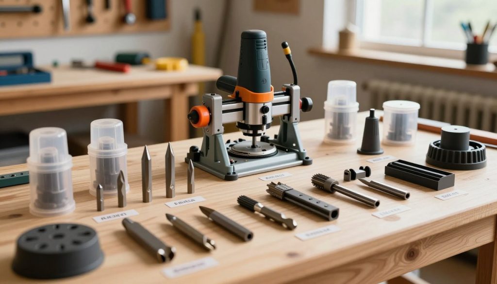 A detailed arrangement of various accessories for a bench router, showcasing items like router bits, edge guides, dust collection systems, and a router table setup. In the foreground, highlight different types of router bits, focusing on their sharp edges and varying sizes, with labels for clarity. In the middle, display a router mounted on a sturdy table, surrounded by meticulously organized accessories. In the background, a softly lit workshop with wooden textures, tools on a pegboard, and natural light filtering through a window, creating a warm and inviting atmosphere. Use a slightly elevated angle to capture the layout, ensuring a professional and informative mood that emphasizes creativity and craftsmanship.