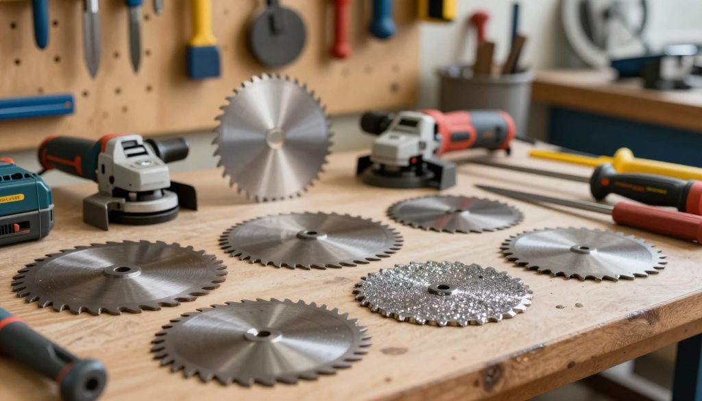 A detailed assembly of various circular saw blade materials displayed on a workshop table, emphasizing different types of blades such as carbide-tipped, diamond blades, and steel blades. In the foreground, focus on a variety of blade materials, highlighting textures and finishes—smooth steel, gritty diamonds, and shiny carbide tips. In the middle ground, include tools like an angle grinder and safety gear, ensuring a professional workshop vibe. The background should show a softly lit, organized tool wall with hanging tools and equipment, conveying a productive atmosphere. Use natural warm lighting to enhance the materials' details. The scene embodies the professionalism of "Galpão das máquinas," inviting viewers into the world of circular saw blade production.