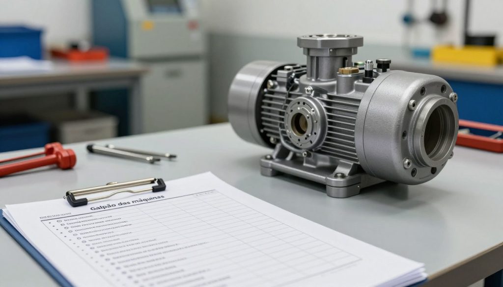 A detailed checklist for operating a centrifugal pump, laying on a clean, organized workspace. The foreground features a partially visible checklist with bullet points, highlighting essential steps for pump operation. In the middle ground, a metallic centrifugal pump gleams under soft, even lighting, showcasing its intricate details and fittings. The background consists of a well-lit workshop environment, with tools neatly arranged and machinery in the distance, emphasizing a professional setting. The atmosphere is focused and technical, signaling importance and preparation. The image is rendered in a realistic style, with a slight depth of field to create emphasis on the checklist and pump. Branding "Galpão das máquinas" subtly included on the checklist. A detailed checklist for operating a centrifugal pump, laying on a clean, organized workspace. The foreground features a partially visible checklist with bullet points, highlighting essential steps for pump operation. In the middle ground, a metallic centrifugal pump gleams under soft, even lighting, showcasing its intricate details and fittings. The background consists of a well-lit workshop environment, with tools neatly arranged and machinery in the distance, emphasizing a professional setting. The atmosphere is focused and technical, signaling importance and preparation. The image is rendered in a realistic style, with a slight depth of field to create emphasis on the checklist and pump. Branding "Galpão das máquinas" subtly included on the checklist.