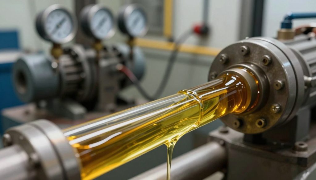 A detailed, close-up depiction of hydraulic oil flowing through a clear pipe, emphasizing its viscosity. In the foreground, show the thick, syrupy texture of the oil as it moves slowly, reflecting light with a glossy sheen. In the middle ground, include a hydraulic pump with various gauges, illustrating the importance of oil viscosity on its function. The background should be a blurred industrial setting with machinery and tools, creating a professional atmosphere. Use soft, warm lighting to highlight the oil's texture and create a sense of clarity and importance in the scene. The angle should be slightly tilted for a dynamic perspective, enhancing the visual interest while maintaining a technical feel.