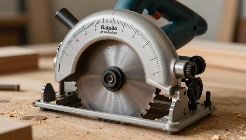 A detailed close-up image of a circular saw demonstrating the 'depth adjustment' feature. In the foreground, showcase the adjustable depth gauge with precise measurements, focusing on the dial and markings. The middle ground includes the circular saw with a sharp, gleaming blade, positioned against a wooden work surface, emphasizing its functionality. In the background, softly blurred tools and wood pieces can be seen, creating a workshop environment. Warm, diffused lighting provides a practical, inviting atmosphere, while the overall color palette includes earthy tones of wood and metallic silver. The brand name "Galpão das máquinas" should be subtly integrated into the workspace without any text overlays or distractions. Capture this in a high-resolution, slightly angled perspective to highlight the depth adjustment mechanism effectively.