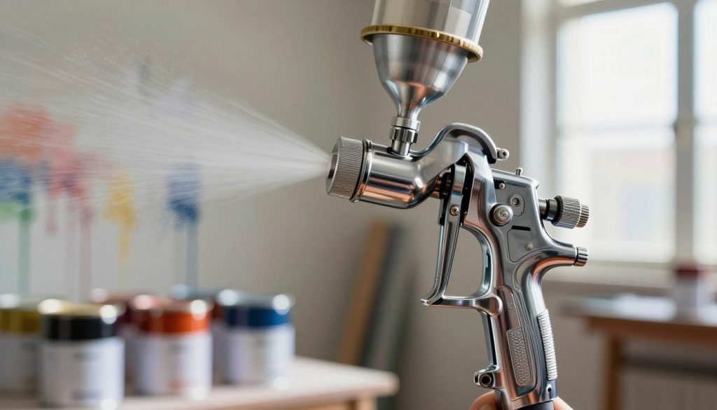 A detailed close-up image of a high-quality paint spray gun, positioned in the foreground with its nozzle facing slightly upward. The gun is shiny, showcasing its metallic finish and intricate mechanics, like the air adjustment knob and paint reservoir. In the middle ground, out of focus, is a softly blurred backdrop of an artist's workshop, featuring splashes of color on the walls and paint cans lined up neatly. Natural light streams in from a window, illuminating the spray gun and highlighting the fine misting pattern of paint droplets in the air, giving a sense of action and creativity. The overall atmosphere is one of focused craftsmanship, capturing the essence of understanding how a paint spray gun operates while exuding a calm and inspiring mood. A detailed close-up image of a high-quality paint spray gun, positioned in the foreground with its nozzle facing slightly upward. The gun is shiny, showcasing its metallic finish and intricate mechanics, like the air adjustment knob and paint reservoir. In the middle ground, out of focus, is a softly blurred backdrop of an artist's workshop, featuring splashes of color on the walls and paint cans lined up neatly. Natural light streams in from a window, illuminating the spray gun and highlighting the fine misting pattern of paint droplets in the air, giving a sense of action and creativity. The overall atmosphere is one of focused craftsmanship, capturing the essence of understanding how a paint spray gun operates while exuding a calm and inspiring mood.