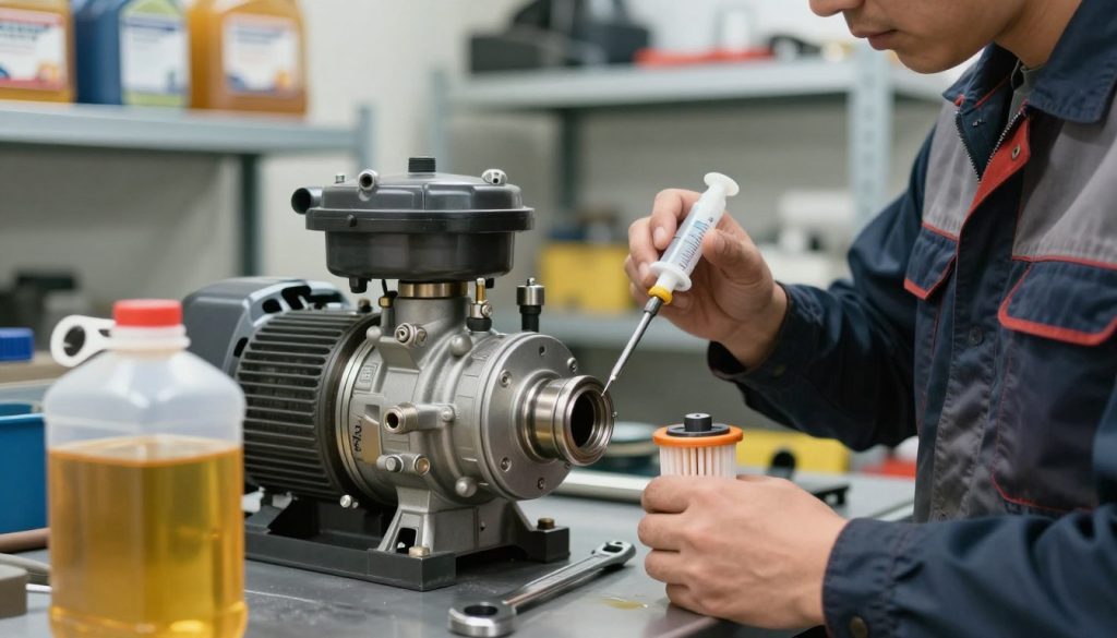 A detailed close-up image of a vacuum pump undergoing oil change, showcasing the essential components like oil reservoir, inlet, and outlet ports. In the foreground, a transparent oil container with golden oil can be seen, next to an oil filter that needs changing. In the middle ground, a mechanic in professional work attire is carefully inspecting the pump, equipped with various tools such as a wrench and oiling syringe. The background features a clean, well-lit workshop with metal shelves displaying spare parts and oil containers. Soft, natural lighting illuminates the scene, creating a calm, industrious atmosphere that conveys a sense of professionalism and attention to detail. The angle is slightly tilted to emphasize the action of the oil change process.