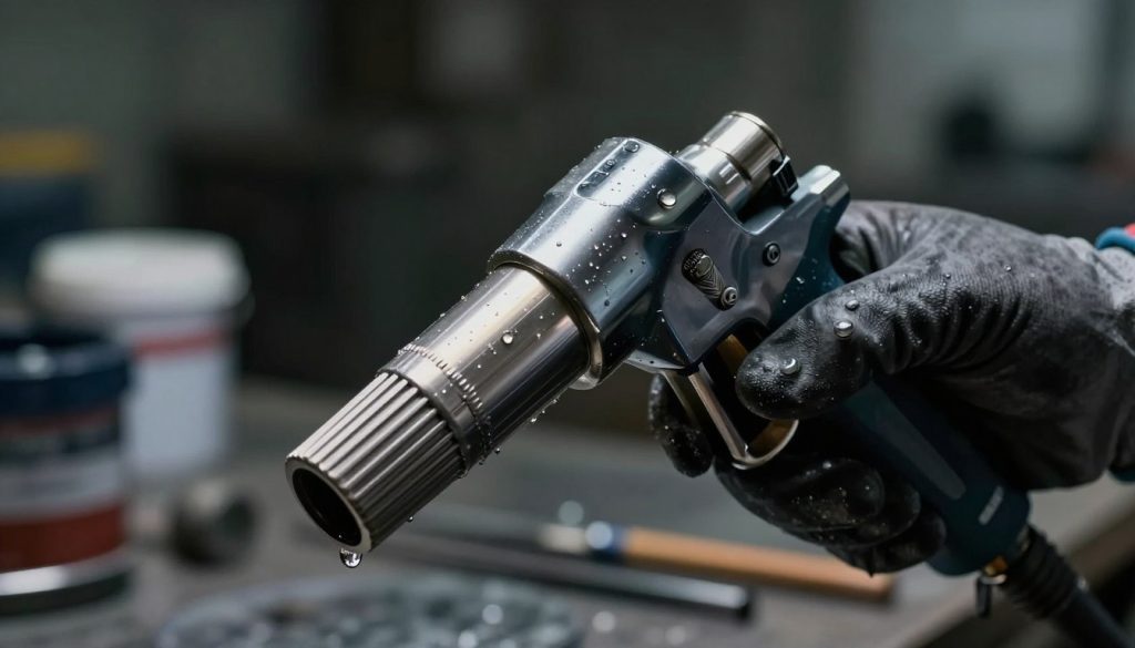 A detailed close-up of a "bico da pistola de pintura" from the Galpão das máquinas, showcasing the intricate design and functionality of the paint nozzle. The foreground highlights the nozzle's material texture, revealing fine grooves and a glossy finish, with droplets of paint expertly detailed. In the middle, a hand adjusts the nozzle, wearing professional gloves, emphasizing precision and care in its use. Dim, focused lighting creates a dramatic effect, casting soft shadows to enhance the contours of the nozzle and the hand. The background is softly blurred, featuring an industrial workshop environment with tools and paint containers, conveying a productive atmosphere. The overall mood is one of craftsmanship and expertise, perfect for illustrating the importance of the paint nozzle in achieving a superior finish.