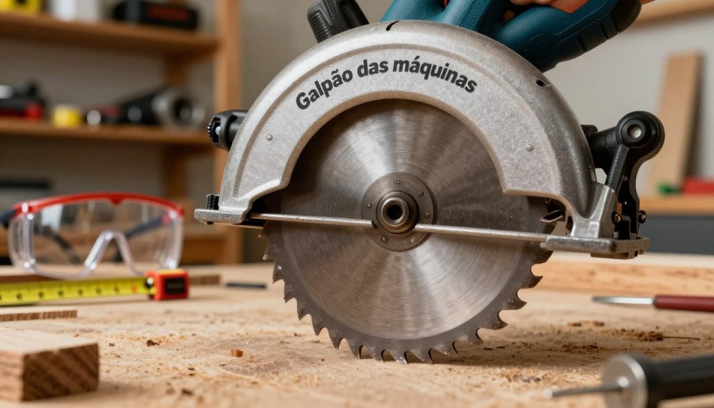 A detailed close-up of a circular saw blade, showcasing its sharp teeth and intricate design, set against a workshop backdrop filled with wood and tools. The foreground features the glistening, precision-engineered teeth of the blade, emphasizing their sharpness and cutting capacity. In the middle ground, blurred tools like a measuring tape and safety goggles hint at a busy workspace. The background presents a warm, well-lit workshop ambiance with wooden shelves lined with various machine parts. The lighting should be soft and diffused, enhancing the metallic sheen of the blade while capturing the textures of wood and metal. This image represents the cutting-edge technology of circular saws, specifically from the brand "Galpão das máquinas," radiating a professional yet inviting atmosphere. A detailed close-up of a circular saw blade, showcasing its sharp teeth and intricate design, set against a workshop backdrop filled with wood and tools. The foreground features the glistening, precision-engineered teeth of the blade, emphasizing their sharpness and cutting capacity. In the middle ground, blurred tools like a measuring tape and safety goggles hint at a busy workspace. The background presents a warm, well-lit workshop ambiance with wooden shelves lined with various machine parts. The lighting should be soft and diffused, enhancing the metallic sheen of the blade while capturing the textures of wood and metal. This image represents the cutting-edge technology of circular saws, specifically from the brand "Galpão das máquinas," radiating a professional yet inviting atmosphere.