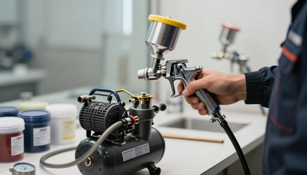 A detailed close-up of a compressed air paint spray system, highlighting the intricate components such as the air compressor, hoses, and spray gun. In the foreground, there's a person wearing professional work attire, meticulously adjusting the spray gun, showcasing precision and expertise. The middle ground features a neatly arranged workspace, including paint containers and a small digital pressure gauge. In the background, soft lighting enhances a modern workshop environment, creating an atmosphere of focus and professionalism. The overall mood is dynamic, emphasizing the efficiency and technicality of air compression paint systems. The branding "Galpão das máquinas" subtly appears on the spray gun, enhancing the industrial aesthetic without distracting from the central subject.