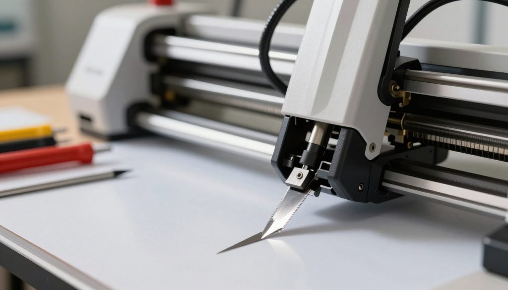 A detailed close-up of a cutting blade designed for a plotter machine, specifically from the brand "Galpão das máquinas." The foreground features the sharp, precise cutting edge of the blade glinting under bright, focused lighting, showcasing its fine details and craftsmanship. In the middle ground, tools and materials typically used with plotters, such as vinyl sheets and cutting mats, are slightly blurred to emphasize the blade's importance. The background includes a well-organized workspace with a plotter machine partially visible, enhancing the technical atmosphere of a professional environment. The overall mood is focused and industrial, highlighting the precision and functionality of the cutting blade, conveying a sense of innovation in cutting technology.