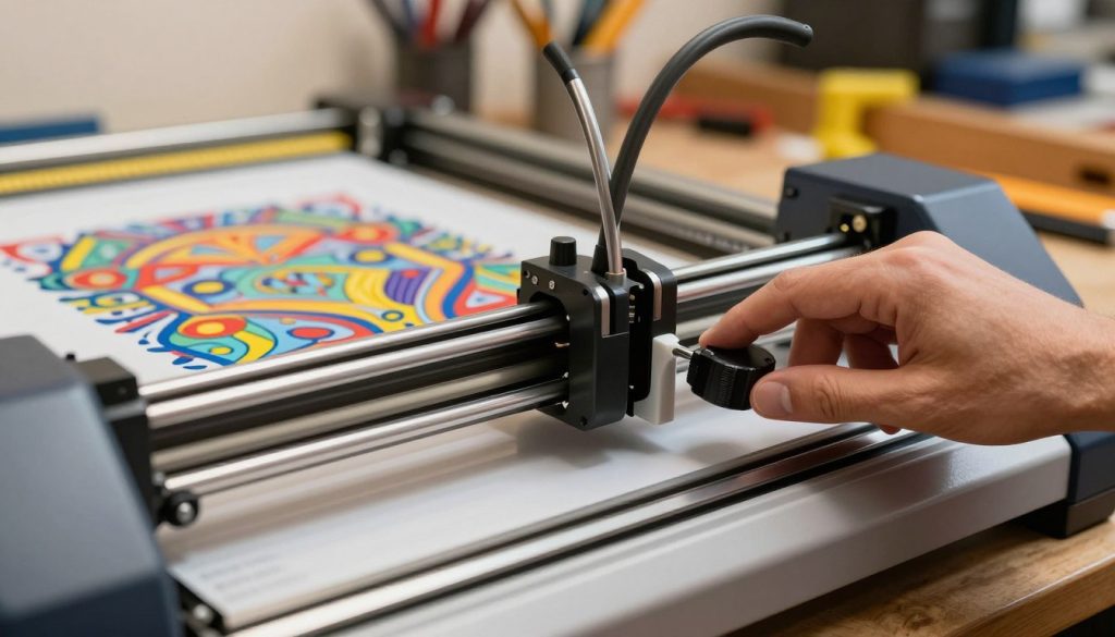 A detailed close-up of a cutting plotter showcasing the offset adjustment feature. In the foreground, a hand adjusts the offset dial with precision, highlighting the importance of troubleshooting in cutting accuracy. The middle ground features the plotter with a vibrant, detailed cut vinyl sheet, illustrating the application of offset adjustments. In the background, a well-organized workshop environment with tools and materials related to vinyl cutting, bathed in warm, ambient lighting to create a professional atmosphere. The lens captures a shallow depth of field to focus on the plotter and the hand, lending a clear view of the intricate details. The mood is one of concentration and professionalism, emphasizing the technical nature of the topic. Include the brand name "Galpão das máquinas" subtly on the plotter.