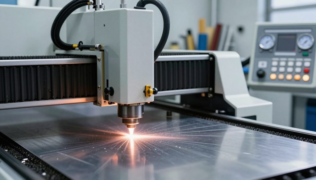 A detailed close-up of a high-precision laser cutting machine in action, showcasing the laser beam effortlessly slicing through a metal sheet. In the foreground, highlight the glowing laser beam with a sharp focus and intricate patterns of vaporized material. In the middle ground, include various factors influencing the cutting precision, such as temperature gauges, material types displayed, and adjustable settings on a modern control panel. The background should feature a well-lit industrial workshop with tools and materials organized neatly, conveying a sense of professionalism. Use soft, diffused lighting to create a clean and technical atmosphere, emphasizing detail and clarity in the components. The overall mood should be focused and innovative, illustrating the complexity and accuracy involved in laser cutting technology. A detailed close-up of a high-precision laser cutting machine in action, showcasing the laser beam effortlessly slicing through a metal sheet. In the foreground, highlight the glowing laser beam with a sharp focus and intricate patterns of vaporized material. In the middle ground, include various factors influencing the cutting precision, such as temperature gauges, material types displayed, and adjustable settings on a modern control panel. The background should feature a well-lit industrial workshop with tools and materials organized neatly, conveying a sense of professionalism. Use soft, diffused lighting to create a clean and technical atmosphere, emphasizing detail and clarity in the components. The overall mood should be focused and innovative, illustrating the complexity and accuracy involved in laser cutting technology.