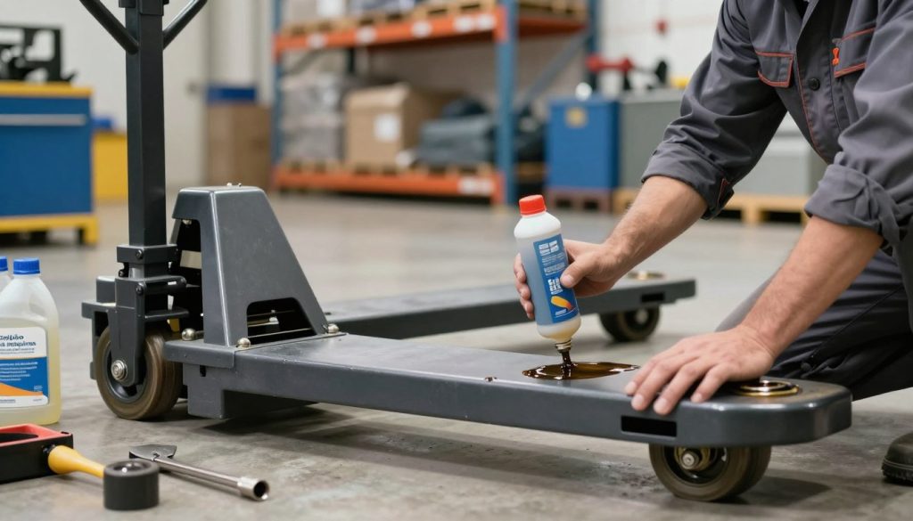 A detailed close-up of a manual pallet jack being expertly lubricated, showcasing the intricate components such as wheels, bearings, and hydraulic mechanisms. The foreground features a skilled technician in professional business attire, focused on applying lubricant with precision, surrounded by tools and oil containers. The middle ground highlights the pallet jack with its sleek metallic finish gleaming under soft, diffused lighting, emphasizing cleanliness and maintenance. In the background, a well-organized warehouse scene is visible, with shelves stocked with machinery and equipment, creating an atmosphere of professionalism and efficiency. The overall mood is one of industriousness and attention to detail. The brand name "Galpão das máquinas" is subtly integrated into the scene, perhaps on a tool or label, ensuring a cohesive visual focus on the benefits of maintaining the manual pallet jack.