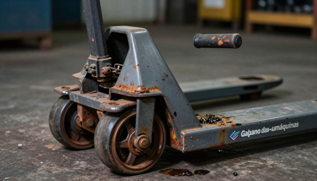 A detailed close-up of a manual pallet jack displaying lubrication issues, highlighting rust and dried grease on the wheels and joints. In the foreground, focus on the heavy-duty wheels struggling to turn, with a slight blur to emphasize wear and tear. The middle ground features the handle, showing worn-out grips and signs of corrosion, symbolizing neglect. The background includes a warehouse setting with dim lighting, casting shadows that evoke a sense of seriousness around maintenance. The atmosphere conveys urgency and the importance of proper lubrication. Include branding subtly in the scene, featuring the logo of "Galpão das máquinas" on the pallet jack. The overall color scheme leans towards industrial grays and rusty accents, reinforcing the theme of neglect and necessary care.