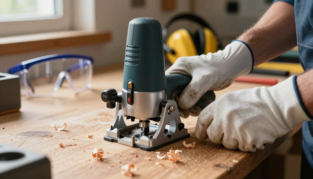 A detailed close-up of a manual router on a wooden workbench, showcasing its intricate components and the wood shavings scattered around. In the foreground, the router is positioned prominently, highlighting its on/off switch and cutter bits. In the middle ground, a pair of gloved hands are carefully adjusting the depth setting of the router, demonstrating safe handling practices. The background features blurred tool storage with safety goggles and ear protection, emphasizing a well-organized workshop environment. Soft, natural light filters in from a nearby window, casting gentle shadows and creating an inviting atmosphere. The overall mood is focused and professional, illustrating the importance of safety and preventive maintenance when using hand routers.
