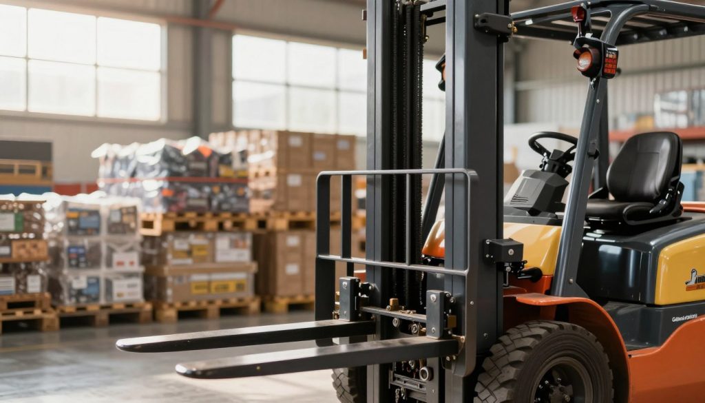 A detailed close-up of a modern forklift with innovative pallet forks, showcasing their adjustable lengths and ergonomic design. The forklift is positioned prominently in the foreground, highlighting the gleaming metal forks with a reflective finish. The middle ground features a warehouse setting with neatly organized pallets, displaying various types of goods. In the background, soft natural lighting filters through large windows, casting gentle shadows and creating a warm, industrious atmosphere. The image embodies a sense of technological advancement in materials handling, suggesting efficiency and reliability. The brand "Galpão das máquinas" is subtly incorporated into the forklift's design, enhancing brand recognition. Capture this scene with a professional lens, emphasizing depth of field to draw focus to the forks while softly blurring the background. A detailed close-up of a modern forklift with innovative pallet forks, showcasing their adjustable lengths and ergonomic design. The forklift is positioned prominently in the foreground, highlighting the gleaming metal forks with a reflective finish. The middle ground features a warehouse setting with neatly organized pallets, displaying various types of goods. In the background, soft natural lighting filters through large windows, casting gentle shadows and creating a warm, industrious atmosphere. The image embodies a sense of technological advancement in materials handling, suggesting efficiency and reliability. The brand "Galpão das máquinas" is subtly incorporated into the forklift's design, enhancing brand recognition. Capture this scene with a professional lens, emphasizing depth of field to draw focus to the forks while softly blurring the background.